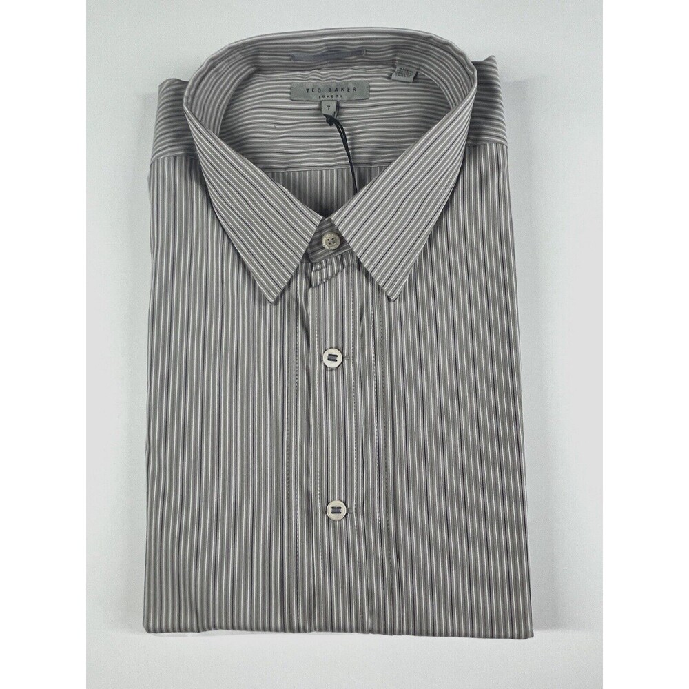 NWT Ted Baker London Button Up Shirt Mens 7 Gray Long Sleeve Pintuck Slim Stripe